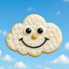4 inch Cloud Metal Cookie Cutter shape cookie, smiling face, with a cloud design against a blue sky background.