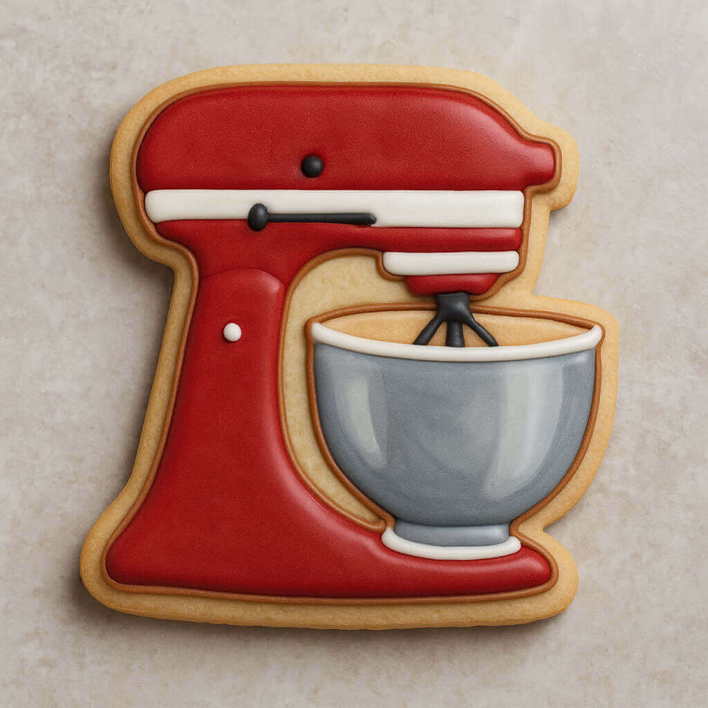 4.75 inch Stand Mixer Metal Cookie Cutter designed as a colorful cookie featuring a mixing bowl and mixer.