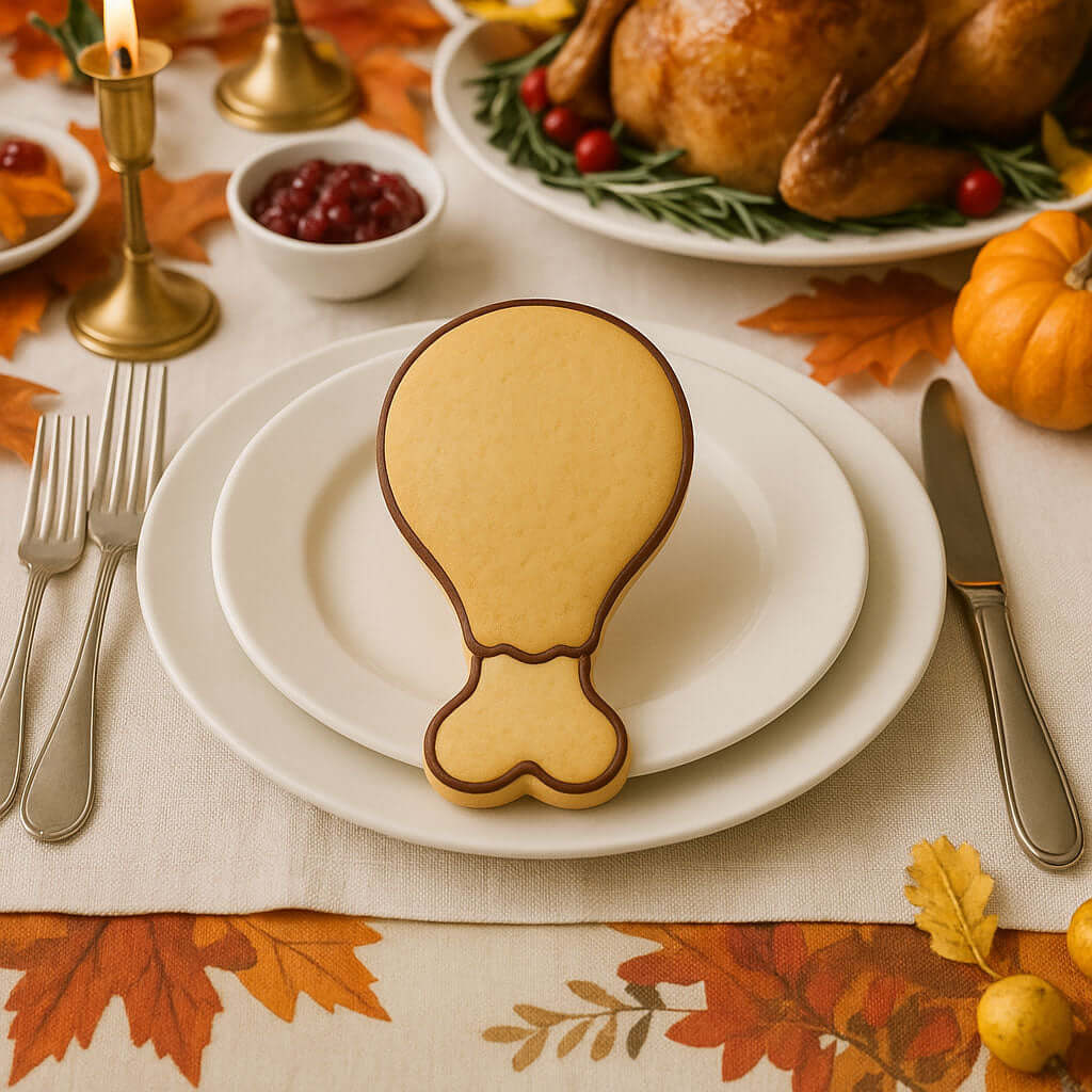 Thanksgiving table setting with a turkey-shaped cookie on a plate, surrounded by fall decorations from a 2 inch Mini Turkey Chicken Leg Drumstick Metal Cookie Cutter