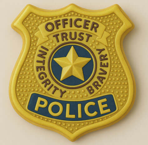 Yellow police badge with star and text on a beige background from a 3.5 inch Police Badge or Interstate Sign Metal Cookie Cutter
