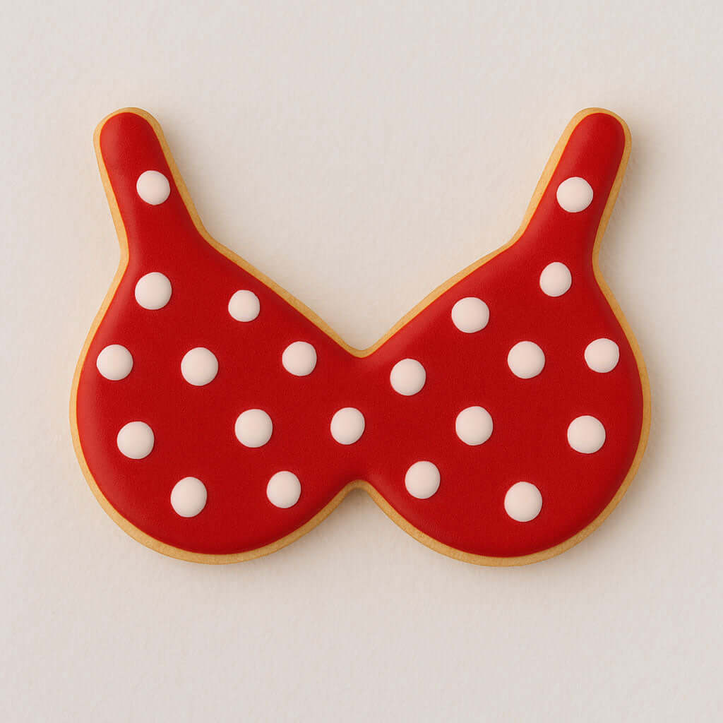 Red polka dot cookie shaped like a bikini top on a white background from a4 inch Bikini Top Bra Metal Cookie Cutter