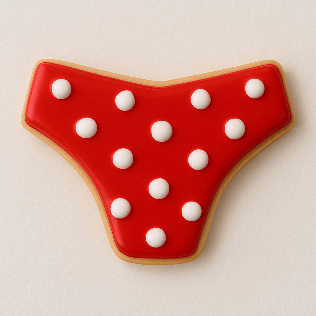 Decorative cookie shaped like a bikini bottom, featuring red icing with white polka dots, perfect for summer treats from a 4 inch Bikini Bottom Metal Cookie Cutter