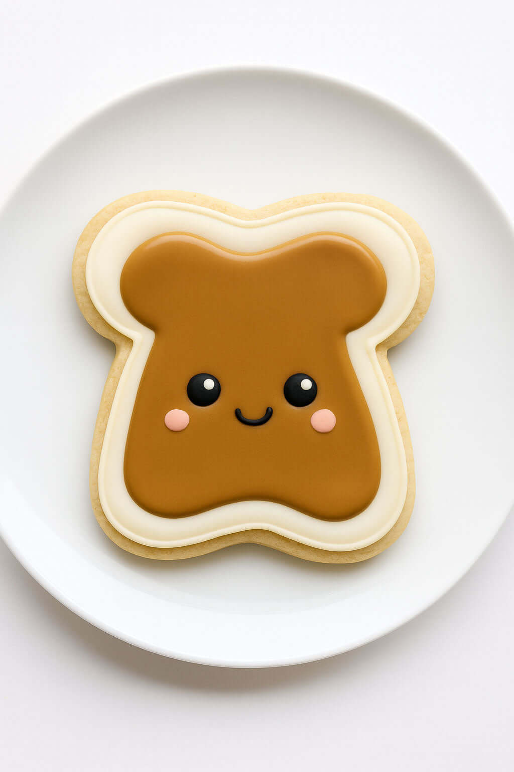Cookie shaped like a piece of toast with peanut butter, on a white plate from a 4.75 inch Toast Metal Cookie Cutter