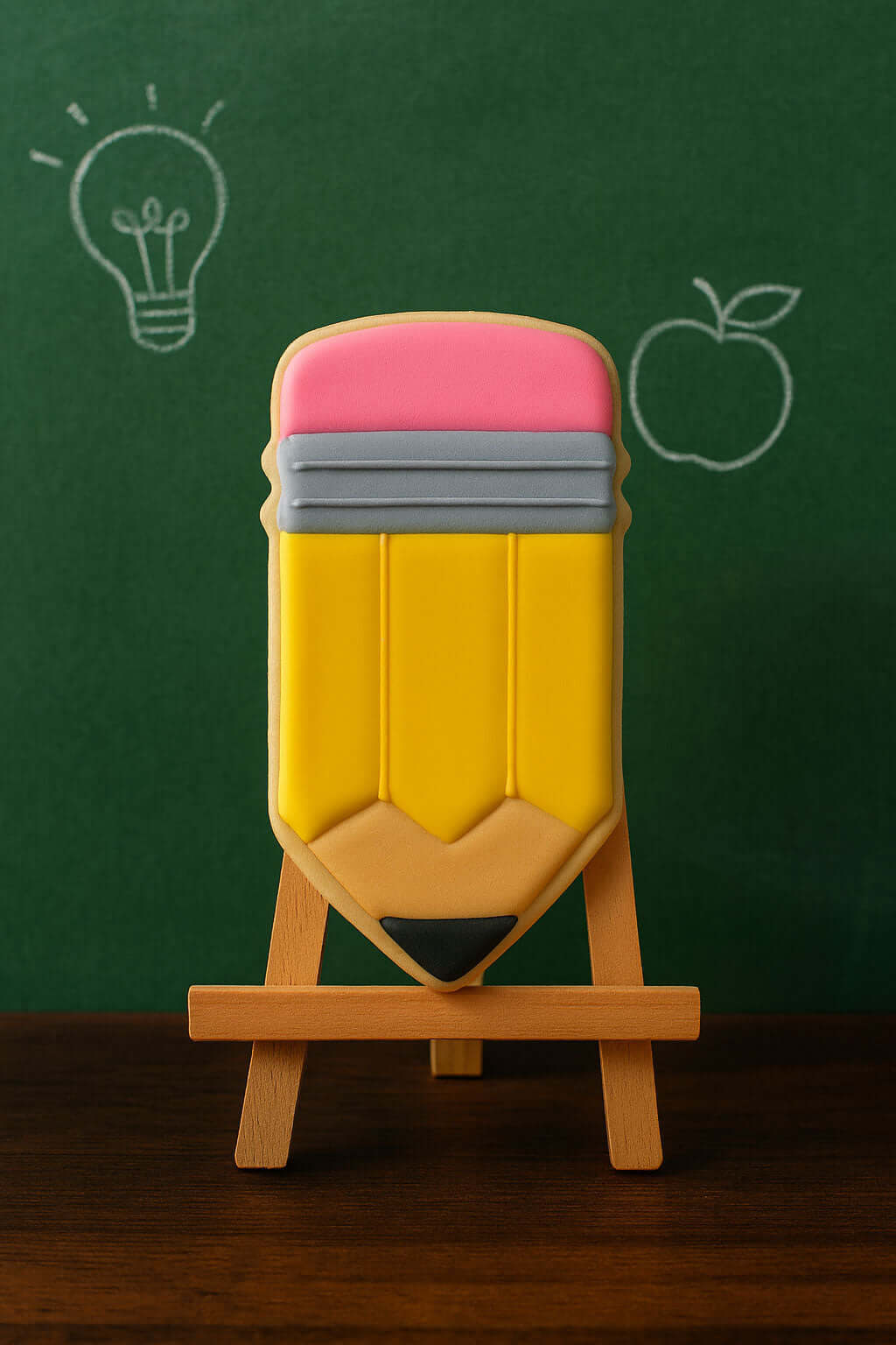 4.5 inch Pencil Metal Cookie Cutter shaped cookie displayed on an easel, perfect for back-to-school celebrations.