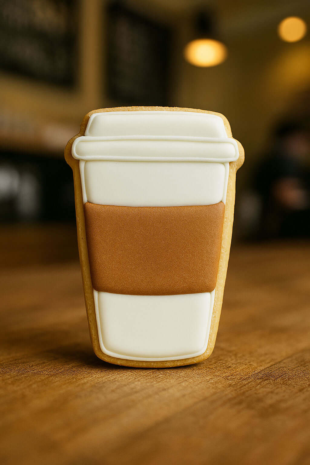 Cookie shaped like a coffee cup with a white lid and brown body on a wooden surface from a 4 inch Paper Coffee Travel Mug Metal Cookie Cutter