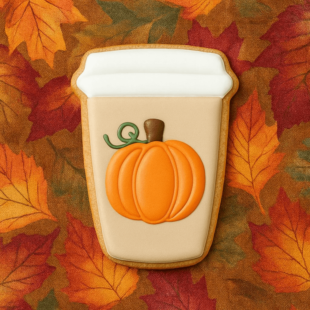 Pumpkin spice latte cookie with a pumpkin on top against an autumn leaf background from a 4 inch Paper Coffee Travel Mug Metal Cookie Cutter