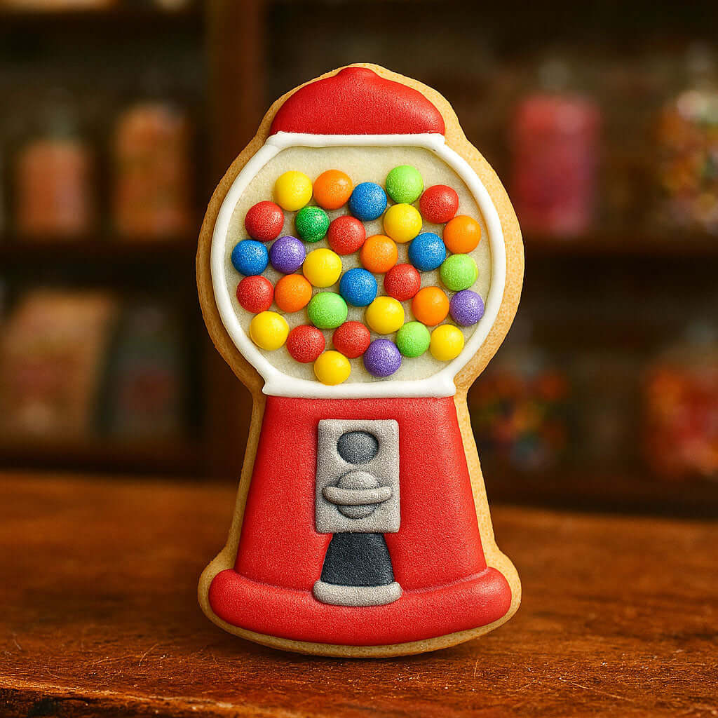 Cookie shaped like a gumball machine with colorful gumballs on a wooden surface from a 4.5 inch Gumball Machine Metal Cookie Cutter