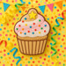 Cupcake with colorful sprinkles on a yellow background with polka dots and party decorations from a 4 inch Cupcake Metal Cookie Cutter