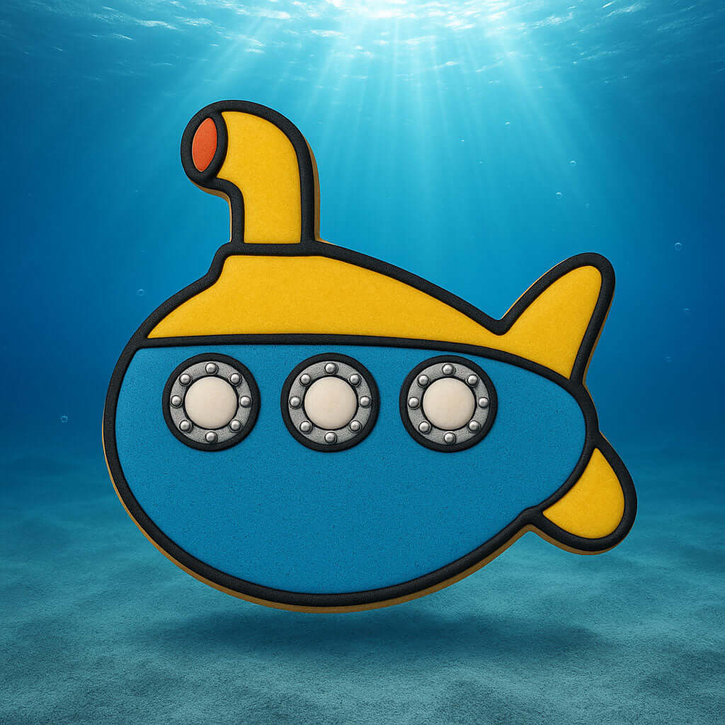 Cartoon-style blue and yellow submarine on a blue underwater background from a 4 inch Submarine Metal Cookie Cutter