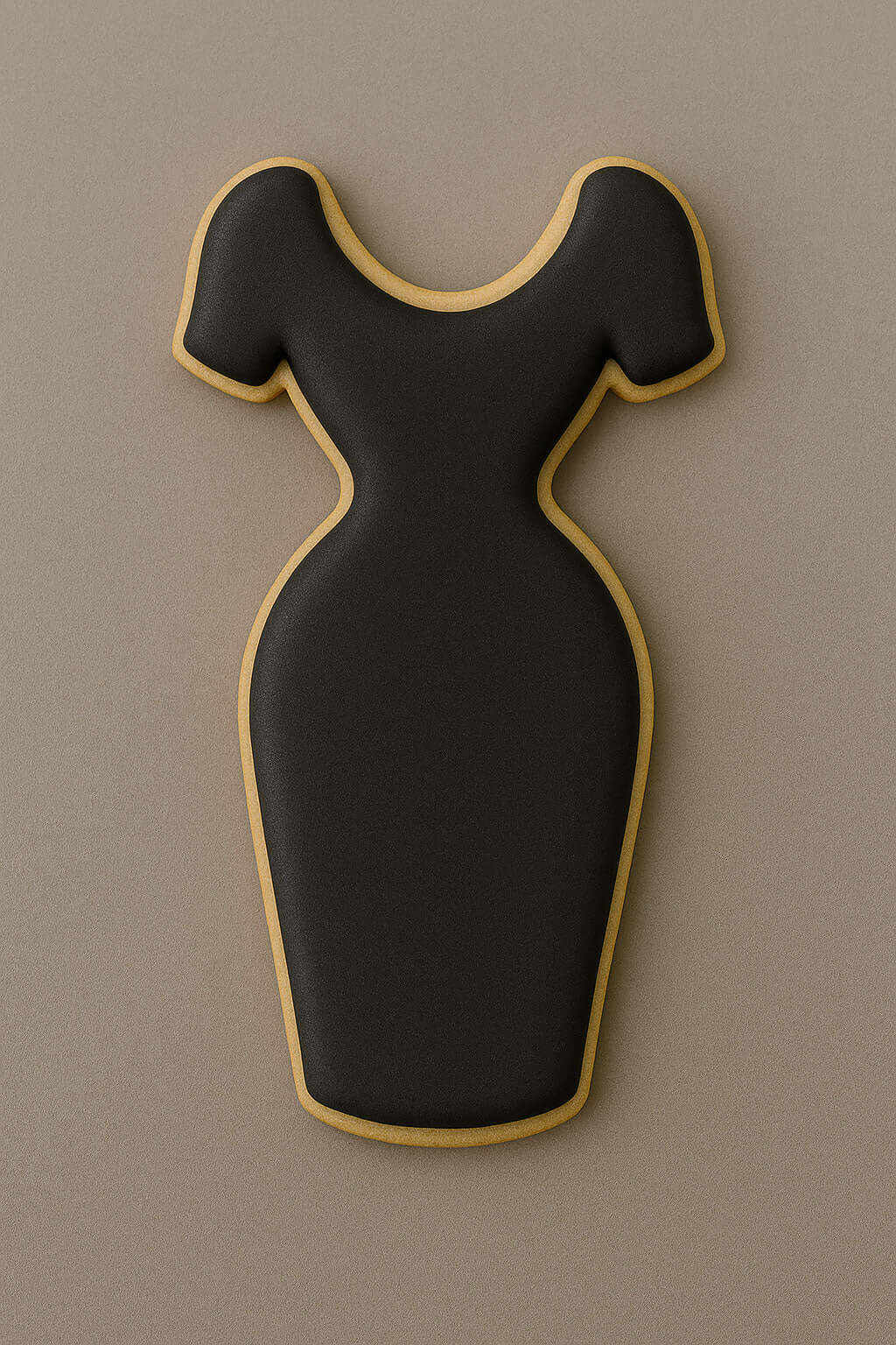 Black dress-shaped cookie with gold trim on a brown background from a 4 inch Dress Metal Cookie Cutter