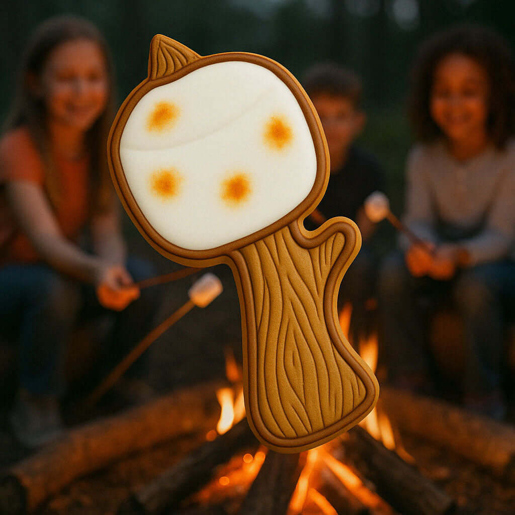 Marshmallow on a Stick-shaped cookie  over a campfire, with people in the background from a 4 inch Marshmallow on a Stick Metal Cookie Cutter
