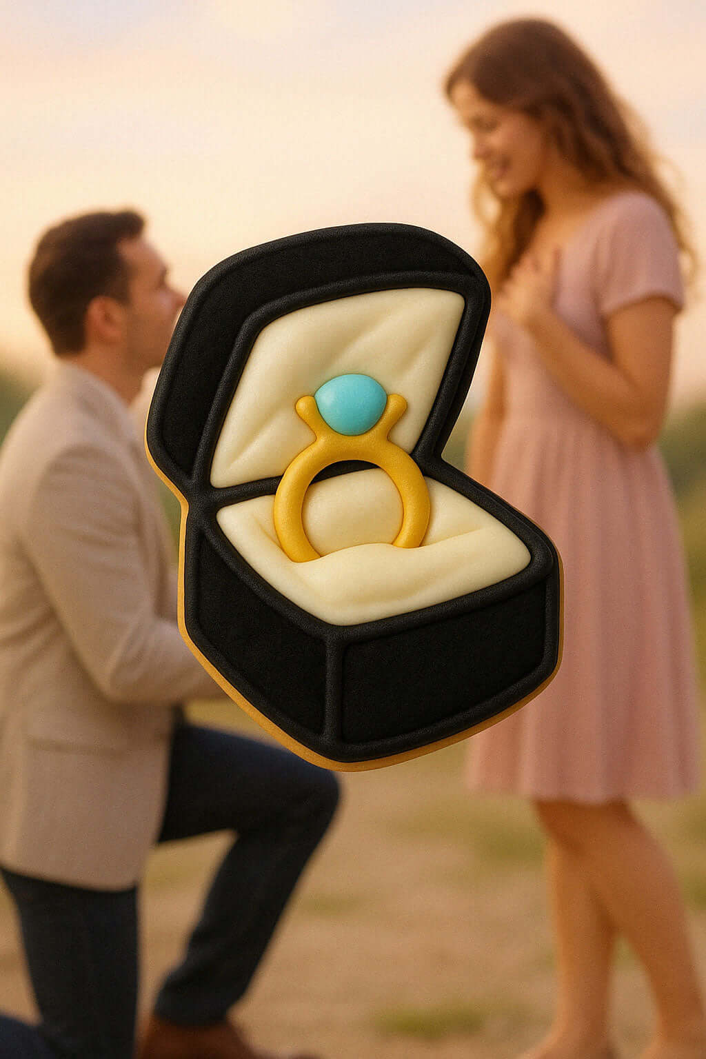 Gold ring with a blue gemstone in an open black jewelry box, with a blurred background of a couple embracing from a 3.5 inch Engagement Wedding Ring Box Metal Cookie Cutter
