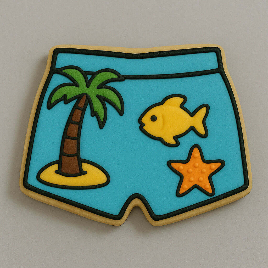 Cookie with blue shorts design featuring a palm tree, fish, and starfish on a gray background from a 3.5 inch Shorts Metal Cookie Cutter