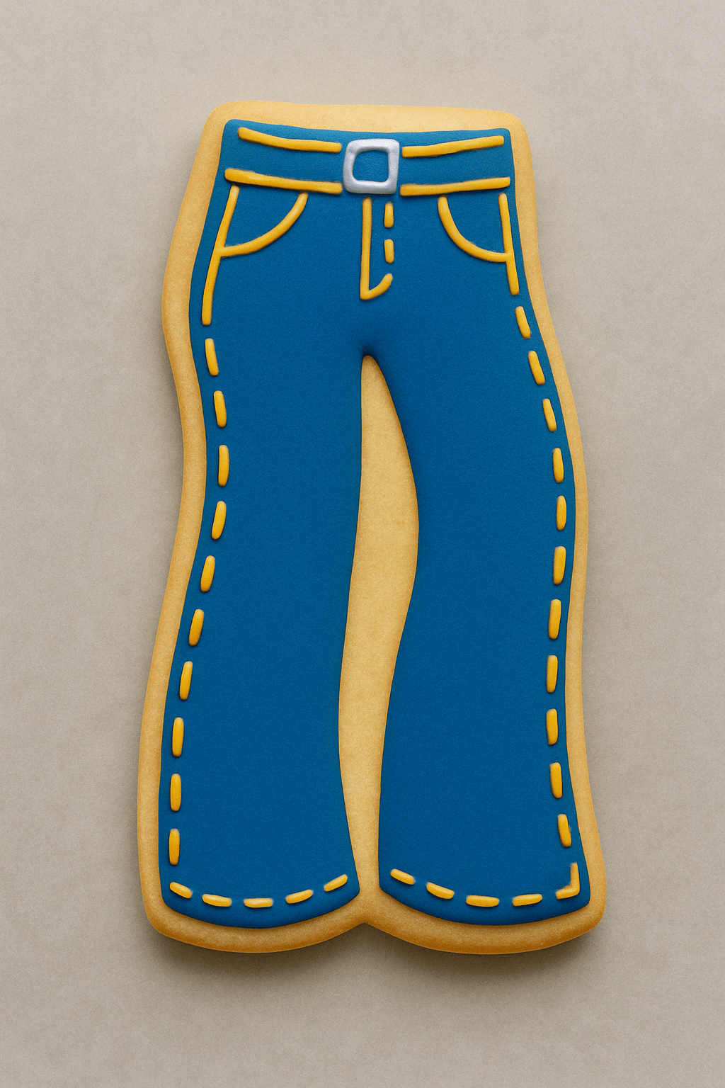 Cookie shaped like blue jeans with yellow stitching on a beige background from a 4 inch Bell Bottom Jeans Pants Metal Cookie Cutter