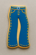 Cookie shaped like blue jeans with yellow stitching on a beige background from a 4 inch Bell Bottom Jeans Pants Metal Cookie Cutter