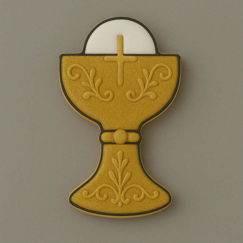 A cookie made with a 4 inch Communion Chalice Metal Cookie Cutter