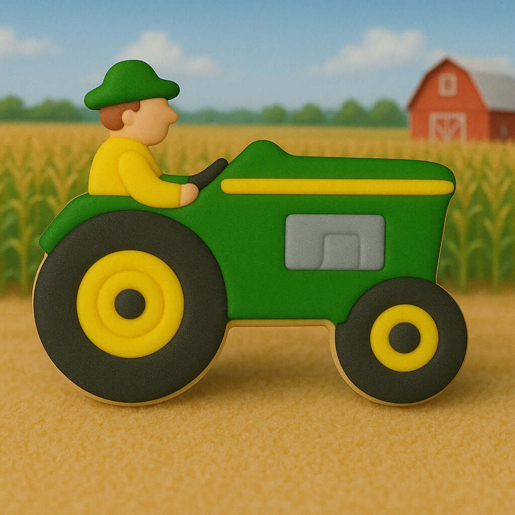 Tractor with a farmer figure on a farm background from a 4 inch Farmer on a Tractor Metal Cookie Cutter