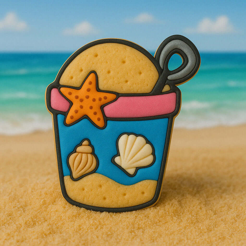 Toy bucket with starfish, shell, and sand on a beach from a 3.5 inch Beach Bucket Pail with Shovel Metal Cookie Cutter