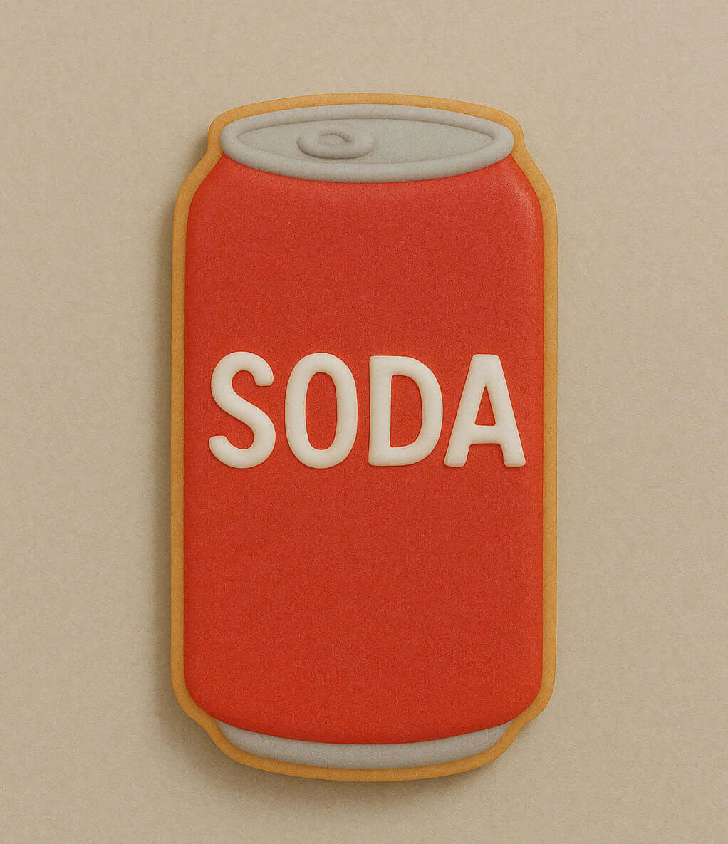 Cookie shaped like a soda can with 'SODA' text on a beige background from a 4 inch Soda Pop Beer Can Metal Cookie Cutter