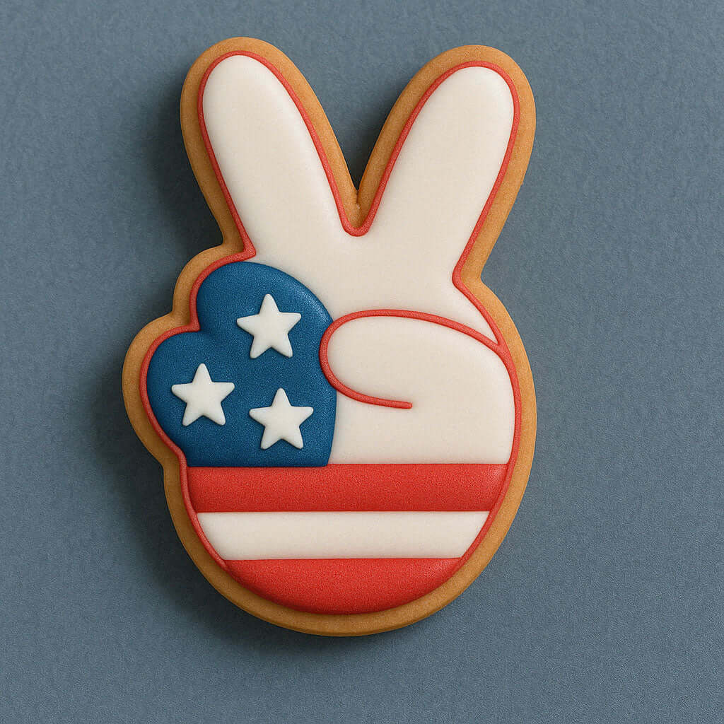 Cookie shaped like a peace sign with American flag design on a blue background from a 3.75 inch Peace Sign Metal Cookie Cutter