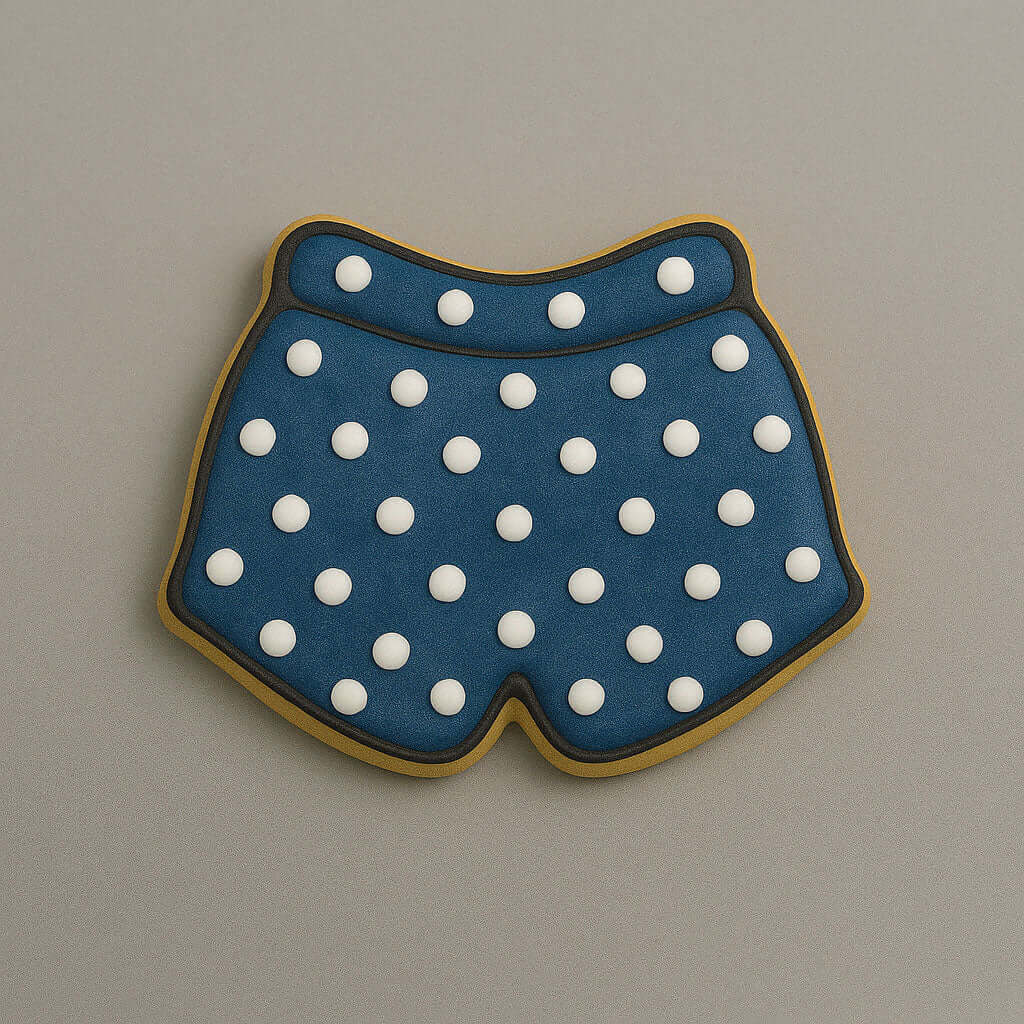 Cookie shaped like underwear with blue polka dot pattern on a beige background from a 3.5 inch Shorts or Swim Trunks Metal Cookie Cutter