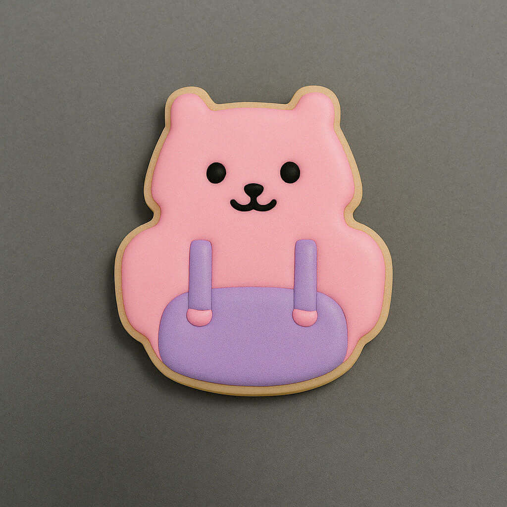 Pink bear-shaped backpack cookie with a purple round base on a gray background from a 3.5 inch School Backpack Metal Cookie Cutter