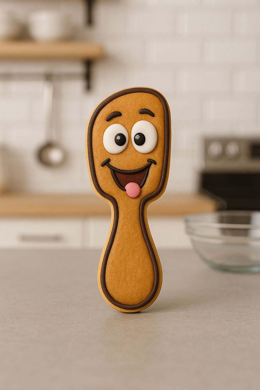 Cookie-shaped wooden spatula with a face on a kitchen counter from a 4 inch Spatula Metal Cookie Cutter