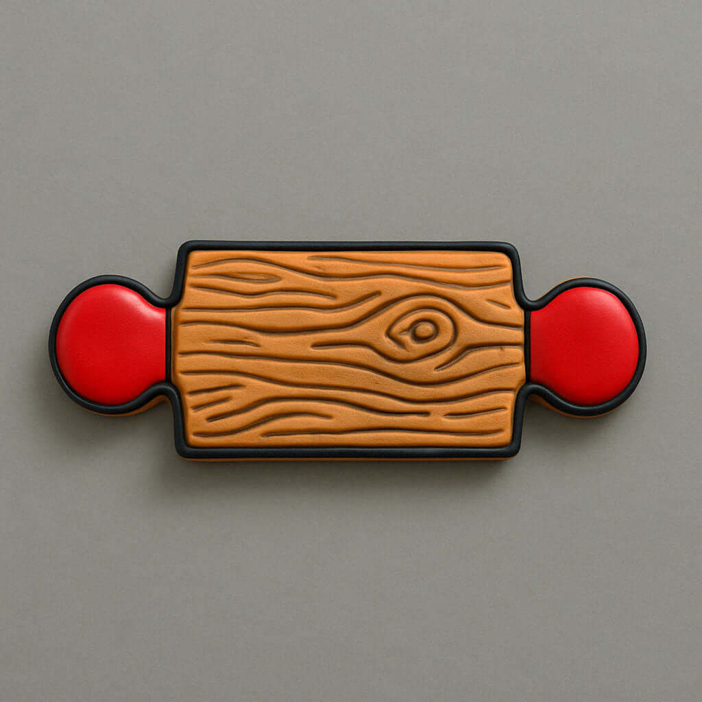 Wooden-patterned rolling pin with red circular ends on a gray background from a 5 inch Rolling Pin Metal Cookie Cutter