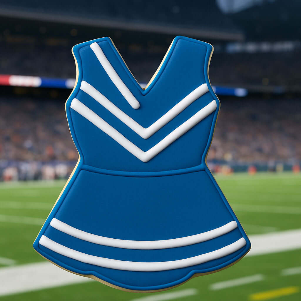 Blue and white cheerleader dress icon on a sports field background from a 3.5 inch Cheerleader Uniform Metal Cookie Cutter