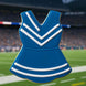 Blue and white cheerleader dress icon on a sports field background from a 3.5 inch Cheerleader Uniform Metal Cookie Cutter