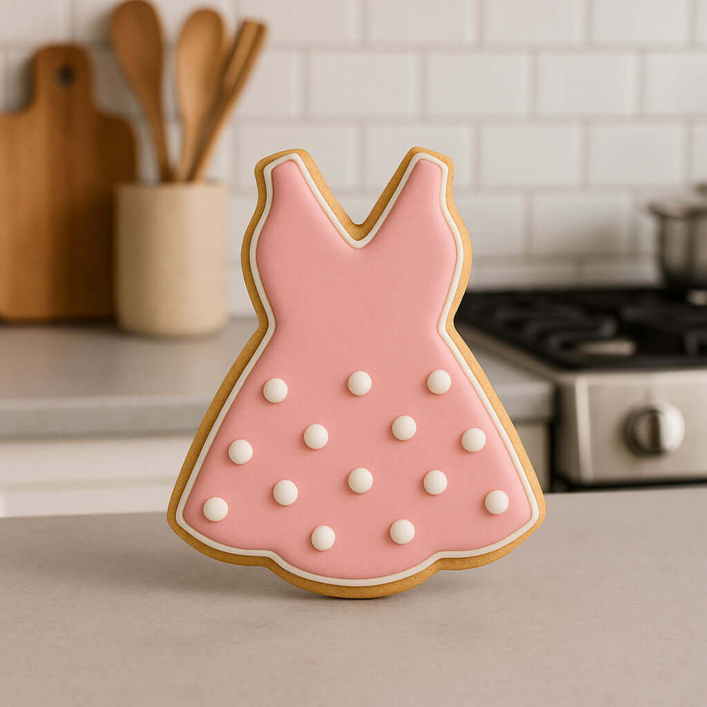 Cookie shaped like a pink dress with white polka dots on a kitchen counter from a 3.5 inch Cheerleader Uniform Metal Cookie Cutter