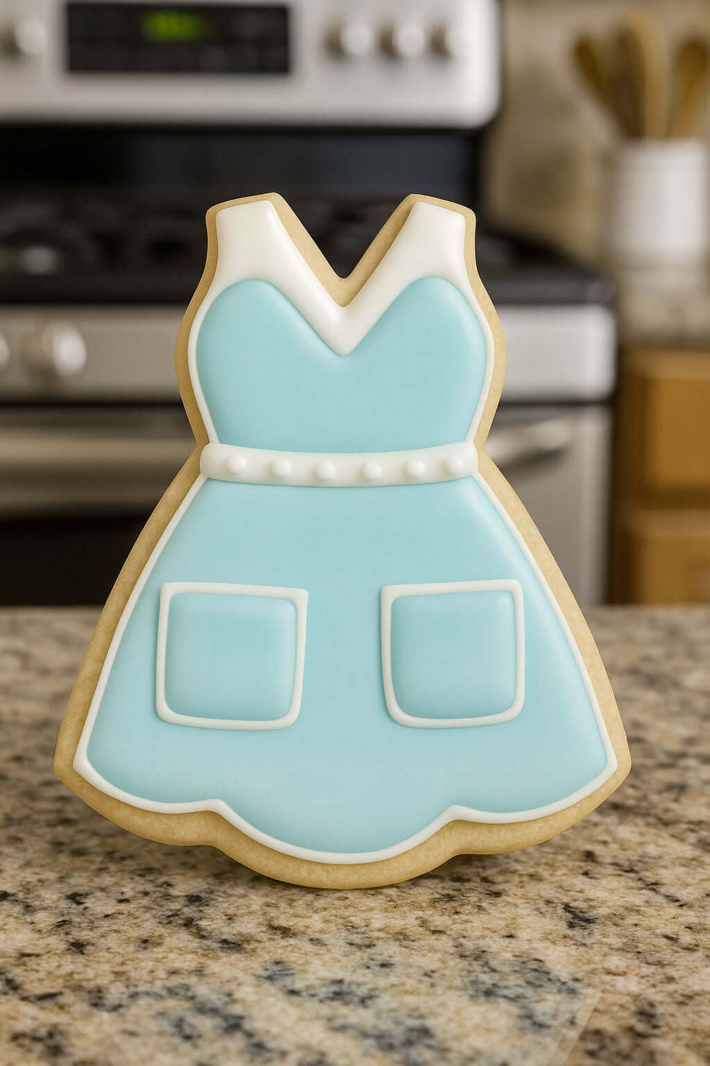 Decorative cookie shaped like a apron on a kitchen counter from a 3.5 inch Cheerleader Uniform Metal Cookie Cutter