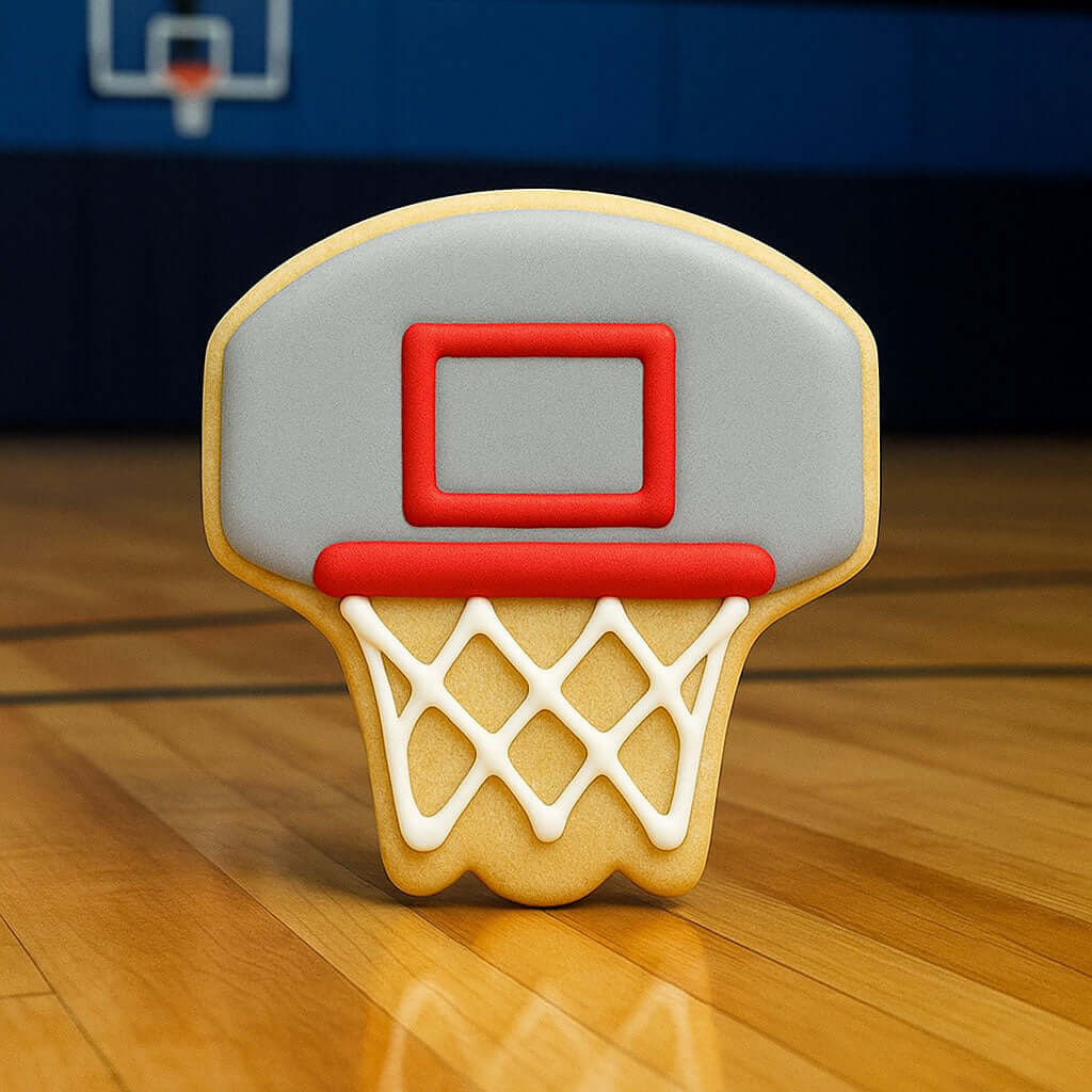 Cookie shaped like a basketball hoop on a wooden floor from a 4 inch Basketball Net Metal Cookie Cutter
