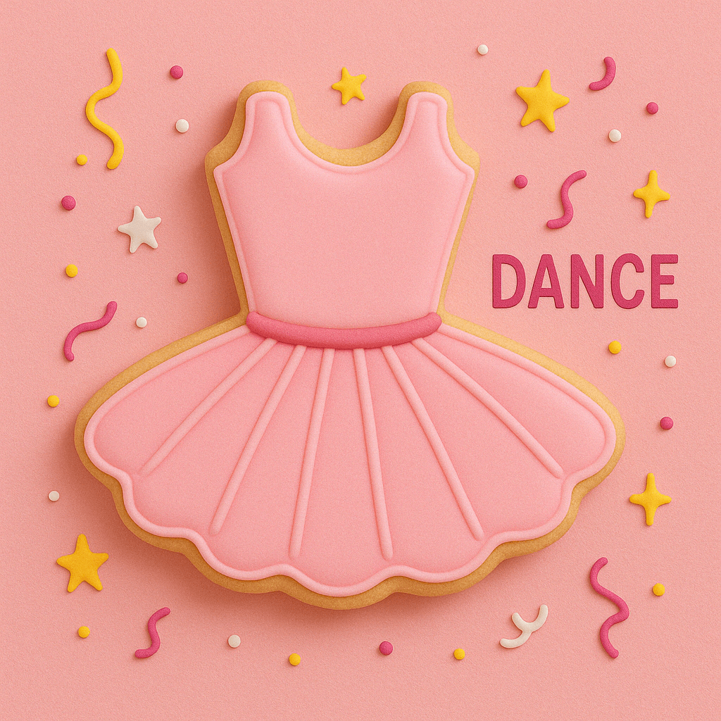 3.5 inch Tutu Metal Cookie Cutter design displayed as a pink dance dress cookie on a colorful background.