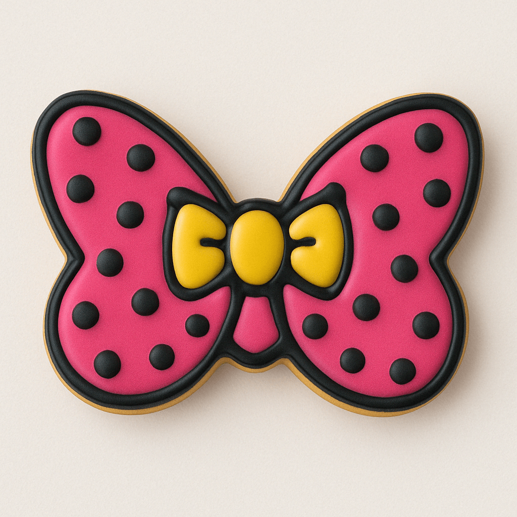 Cookie shaped like a pink bow with black polka dots and a yellow center on a light background for a 4 inch Hair Bow Metal Cookie Cutter