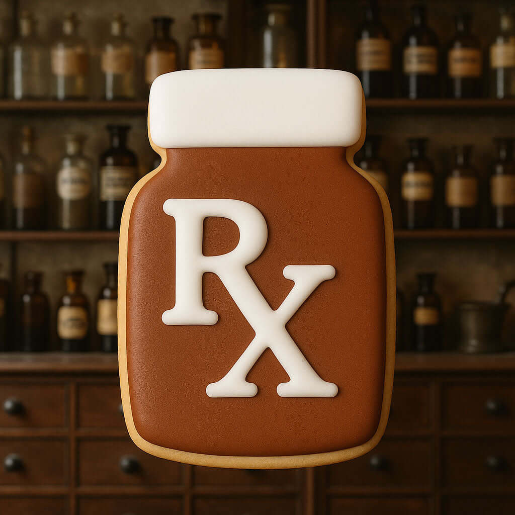 Cookie shaped like a mason jar with an 'RX' symbol against a backdrop of bottles for a 3.75 inch Pill Bottle Metal Cookie Cutter