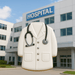 Cookie-shaped doctor's coat with stethoscope in front of a hospital building for a 4 inch Lab Coat Metal Cookie Cutter