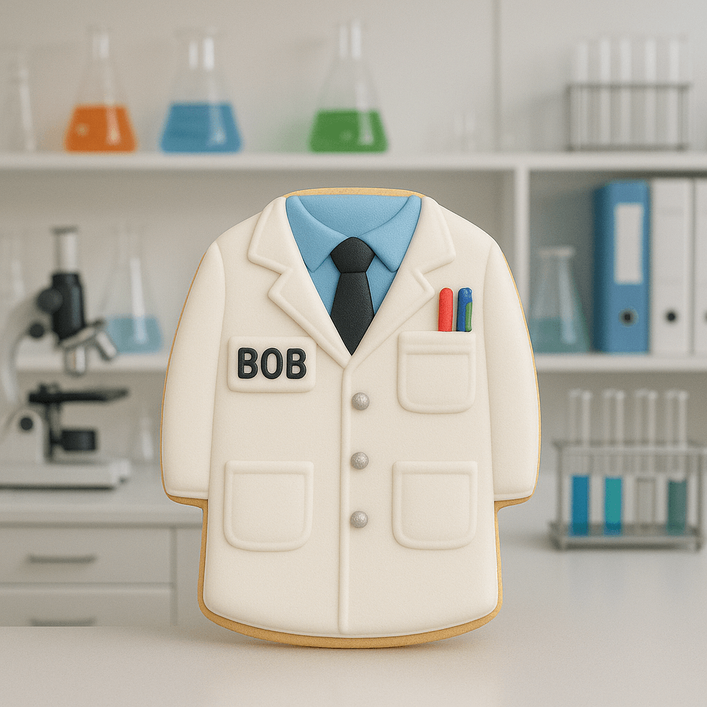 Cookie shaped like a lab coat with 'BOB' on a background of laboratory equipment for a 4 inch Lab Coat Metal Cookie Cutter