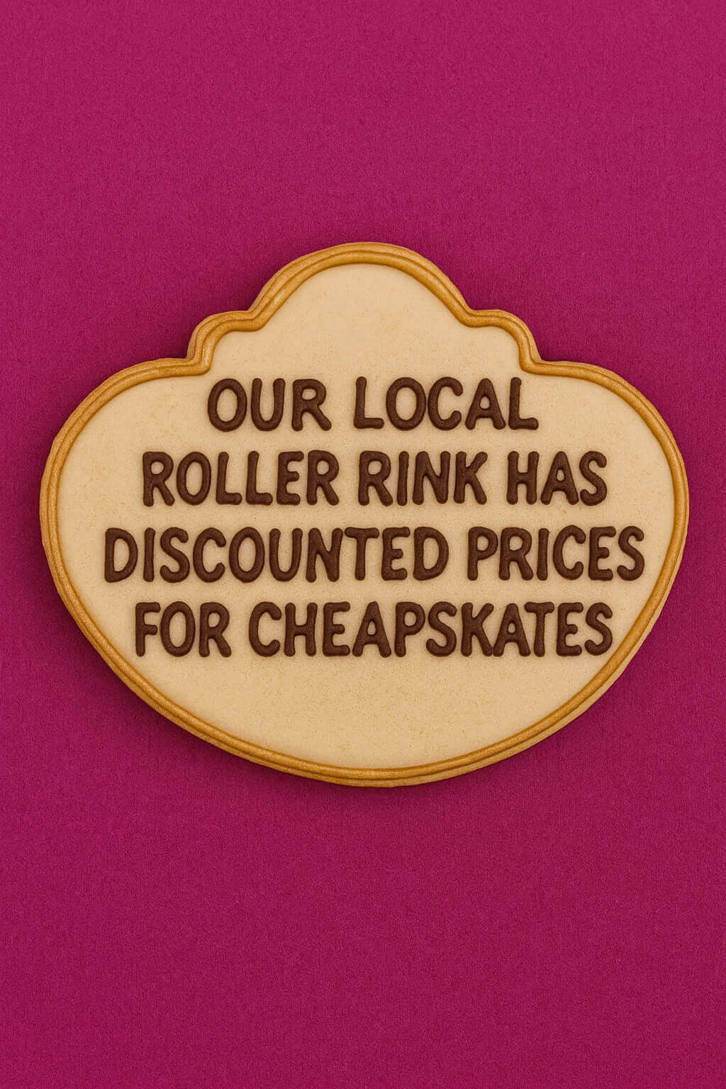 4.5 inch Plaque Metal Cookie Cutter shaped cookie with text about discounted prices at a roller rink.