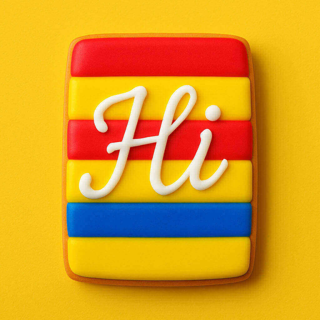 Cookie with colorful stripes and 'Hi' text on a yellow background from a 2 inch X 1.125 inch Rectangle Biscuit Metal Cookie Cutter