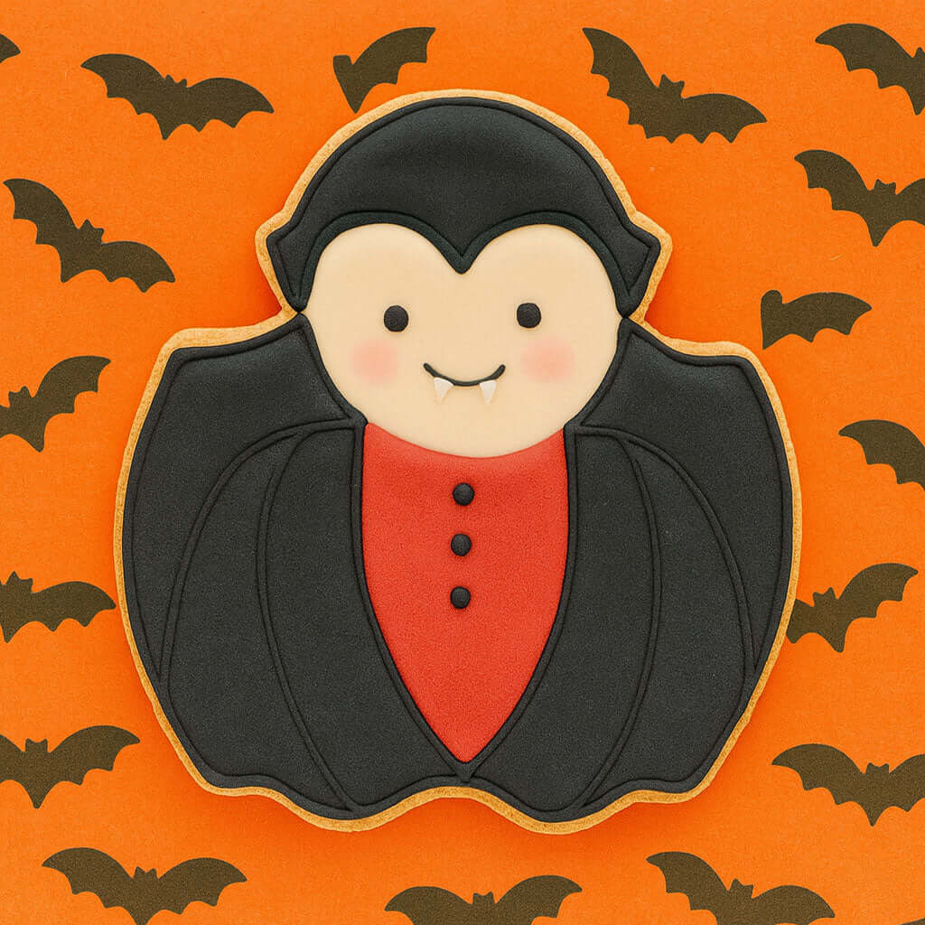 5 inch Vampire Metal Cookie Cutter shaped cookie decorated for Halloween, featuring a cute vampire design with cape.