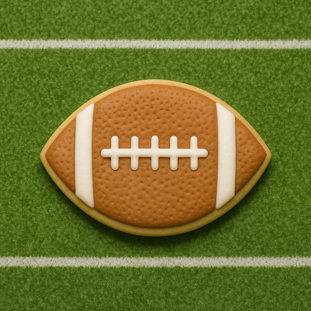 Football-shaped cookie on a green field background from a 5.5 inch Eye or Football Metal Cookie Cutter
