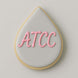 Teardrop-shaped cookie with 'ATCC' in pink icing on a light gray background from a 4 inch Tear Drop Rain Flower Petal Metal Cookie Cutter