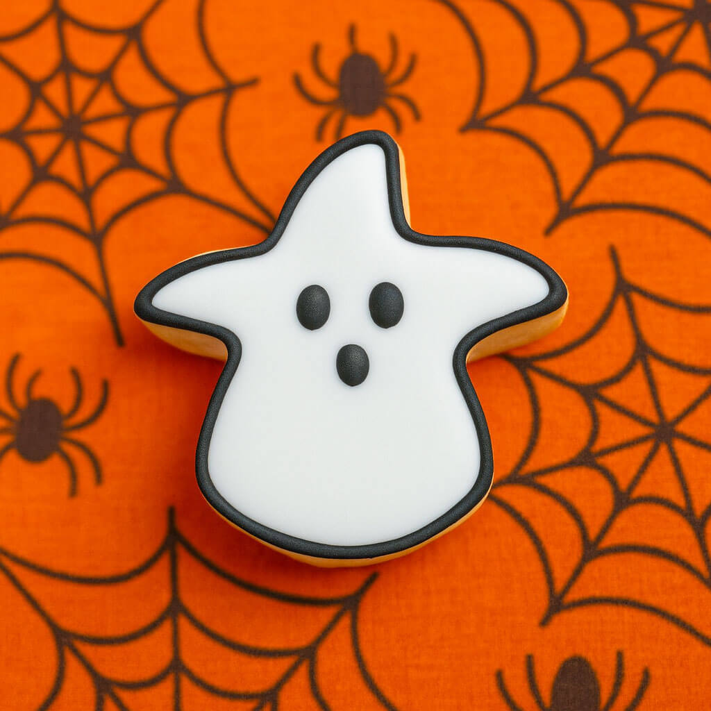 3.25 inch Candy Corn Witch Metal Cookie Cutter on an orange spider web background, perfect for Halloween baking.