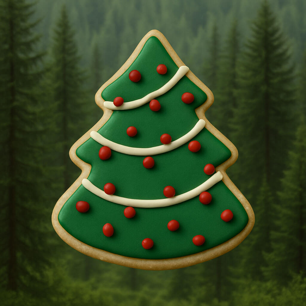 Christmas tree-shaped cookie with red and white decorations on a green forest background from a 3.75 inch Christmas Tree Metal Cookie Cutter