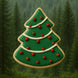 Christmas tree-shaped cookie with red and white decorations on a green forest background from a 3.75 inch Christmas Tree Metal Cookie Cutter
