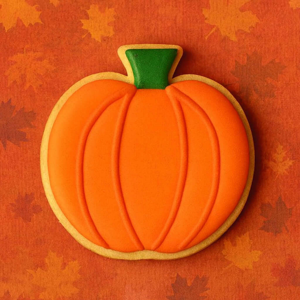 Pumpkin-shaped cookie on an orange background with leaf patterns from a 3.75 inch Pumpkin or Apple Metal Cookie Cutter