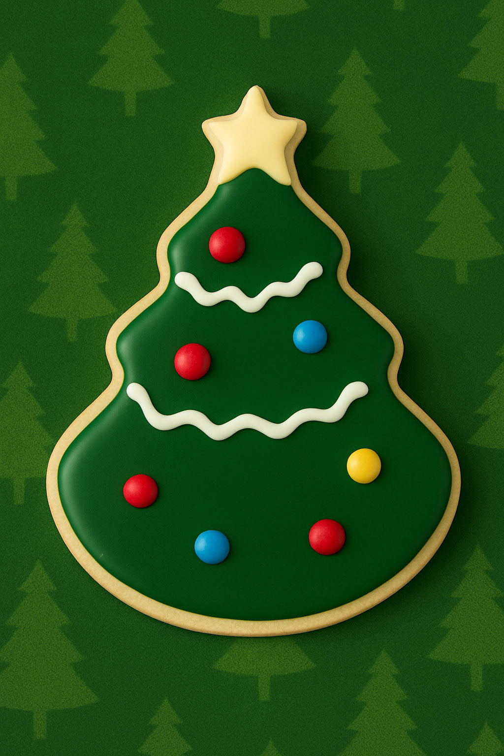 Christmas tree-shaped cookie with colorful candies on a green background from a 4 inch Tree with Star Metal Cookie Cutter