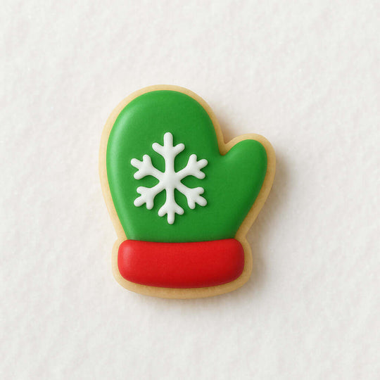 1.75 inch Mini Mitten Metal Cookie Cutter shaped cookie decorated in green with snowflake design and red cuff.