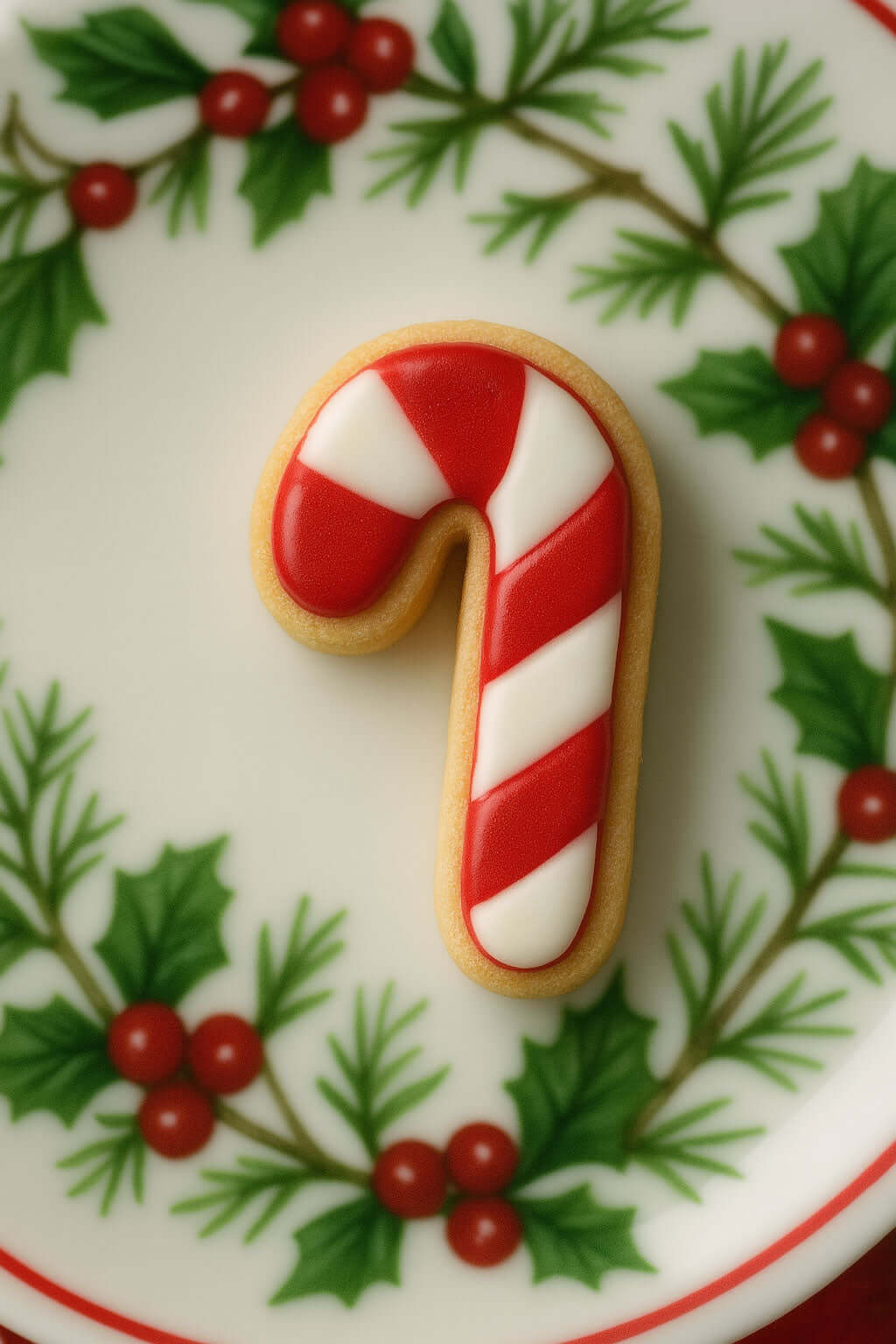 1.75 inch Mini Candy Cane Metal Cookie Cutter shape decorated cookie on a festive holly-patterned plate.